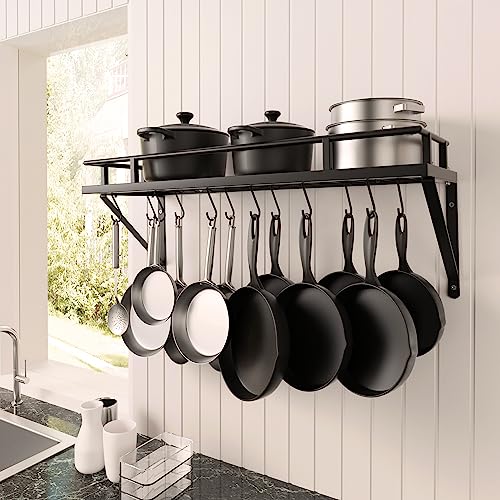 KES Estante de Cocina para Colgar Soporte para Ollas y Sartenes con 12 Ganchos Almacenaje Organizador Negro 75CM, KUR215S75-BK