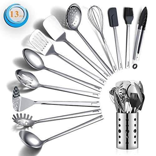 Berglander Juego de Utensilios de Cocina de Acero Inoxidable, 13 cucharas de Cocina con Soporte para Utensilios, Antiadherente y Resistente al Calor, Apto para lavavajillas (13 Paquetes)
