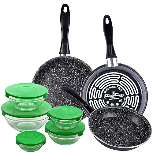 Magefesa K2 GRANSASSO set de 3 sartenes redondas de Ø18/20 y 24, en acero esmaltado vitrificado, en gris, inducción y lavavajillas, y juego de 10 piezas: 5 boles de vidrio + sus 5 tapas en verde