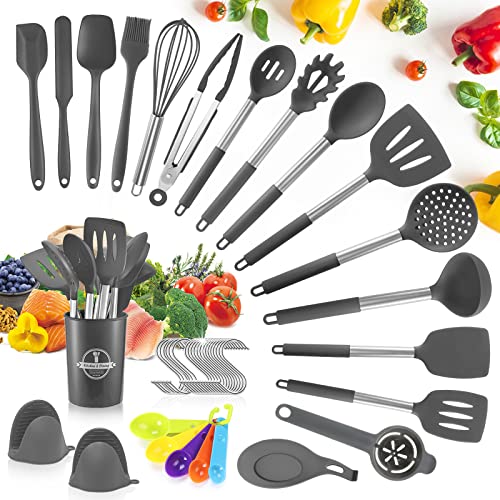 TWBEST Utensilios de Cocina de Silicona,44pcs Juego de Utensilios de Cocina,Utensilios Cocina de Silicona Antiadherente,Resistente al Calor,Cucharas de Cocina,Cucharas de Drenaje-Gris Oscuro