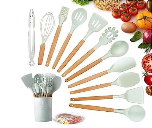 Juegos de cocina. Utensilios Cocina de Silicona 12 Piezas. Set utensilios de cocina silicona Resistentes al Calor y Antiadherentes con Mango de Madera (verde)