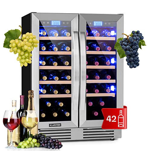 Klarstein Vinoteca para Vinos de 126L Nevera Vino Zona Doble, Botellas Vino, Proseco y Cervezas, Vinoteca Pequeña Puerta Cristal para Interior y Exterior, Nevera para Vinos Capacidad 42 Botellas