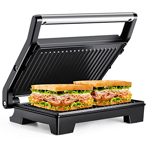 Tiastar Parrilla Eléctrica,Sandwichera eléctrica de 1000W,Panini Press Grill con Revestimiento Antiadherente, Apertura de 180º,Asa de Toque Frío, Negro