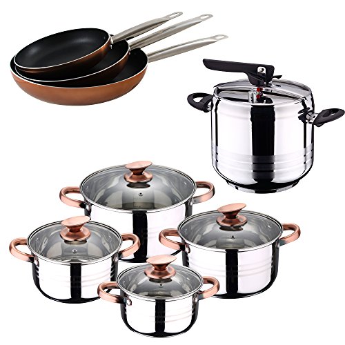 San Ignacio Olla A PRESIÓN 7L SIP Duna, BATERIA Cocina 8 PCS, Set 3 SARTENES Professional Chef Copper 20,24,28, Cromado, Talla Única
