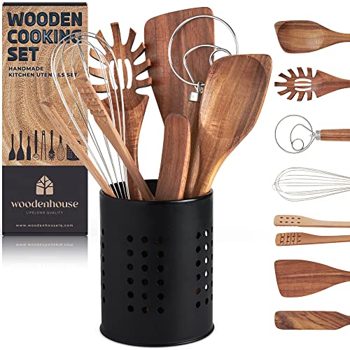 Set de Utensilios de Cocina Originales [8 pza] de Madera 100% Natural. Cuchara de Madera | Espátulas | Bote de Utensilios de Cocina | Batidor | Pinzas. Menaje de Cocina para Sartenes Antiadherentes