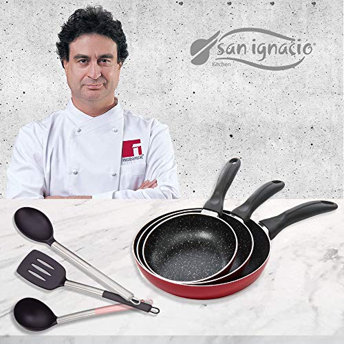 San Ignacio Red&Marble sartenes + 3 Utensilios, Aluminio Prensado, Rojo/Negro, Set + Accesorios