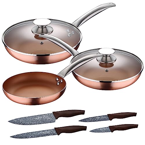 San Ignacio Set 5pc sartenes 20,24,28 cm (con tapa) aluminio prensado inducción con Set 4pc cuchillos acero inoxidable