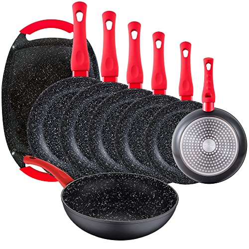 San Ignacio Pack 8 piezas: Set de 6 sartenes Energy Ø18/20/22/24/26/28 cm + 1 Sartén Wok Ø26 cm + 1 Plancha grill 37x25 cm, aluminio forjado, negro (PK3169)