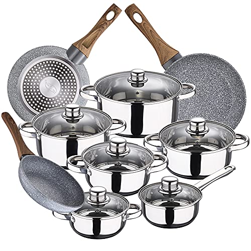 Bateria de cocina 12 piezas SAN IGNACIO Cassel, acero inoxidable, con juego sartenes (22/26/28 cm) SAN IGNACIO Daimiel en aluminio forjado