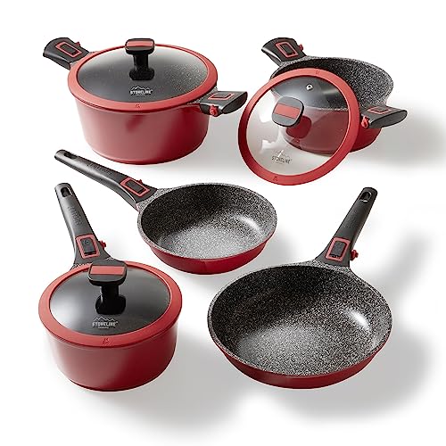Stoneline Imagination Plus - Juego de cacerolas y sartenes (8 piezas, con tapa y mango extraíble, inducción, aluminio fundido, sartén revestida con partículas de piedra auténticas, color rojo