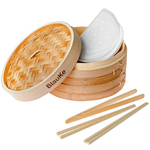 BlauKe® Vaporera de Bambú 25cm para Arroz, Dim Sum, Verduras, Carne, Pescado – Vaporera Bambu Para Cocinar al Vapor con 2 Pisos, 2 Pares Palillos Reutilizable, Pinzas, 50 Papeles para Cocinar al Vapor