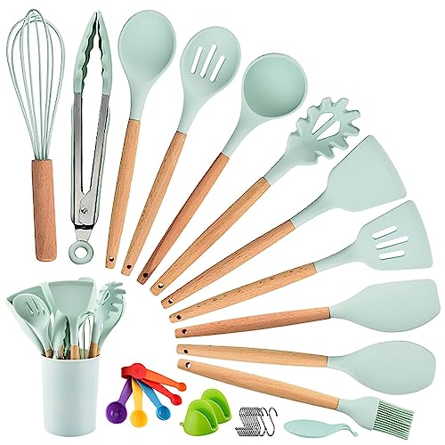 Utensilios de Cocina de Silicona y Madera,Espátula,Cuchara,Espátula de Drenaje,Pinzas Para Alimentos,Pinzas Para Pasta,Frasco de Almacenamiento,5 Cucharas Medidoras y Ganchos-14 piezas