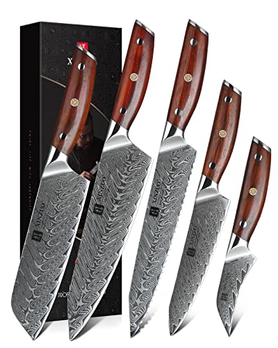 XINZUO 5 Piezas Set Cuchillo Cocina Acero de Damasco, Profesional Juegos de Cuchillo de Cocinero, Forjado a Mano Cuchillo Chef Santoku Universal Fruta Cuchillo de Pan con Mango de Madera de Rosa