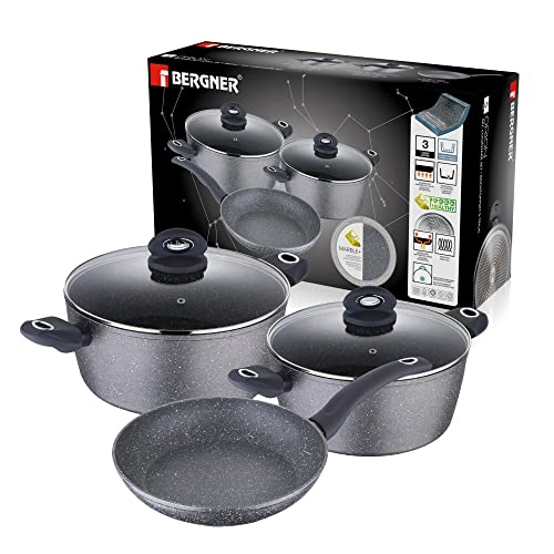 BERGNER Orion | Batería de Cocina de 5 piezas | Incluye 2 Cacerolas con Tapa y 1 Sartén | Fabricada en Aluminio Forjado con Asas Ergonómicas | Menaje de Cocina | Compatibles con Todo Tipo de Cocinas