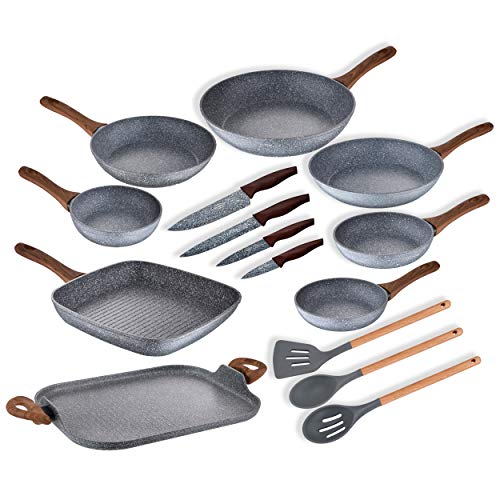 San Ignacio Pack 8 sartenes Ø18, Ø20, Ø22, Ø24, Ø26, Ø28 + ASADOR de 35,5 x 28 3 Utensilios Set Juego de 4 Cuchillos de Cocina Daimiel, Aluminio Forjado, Multicolor