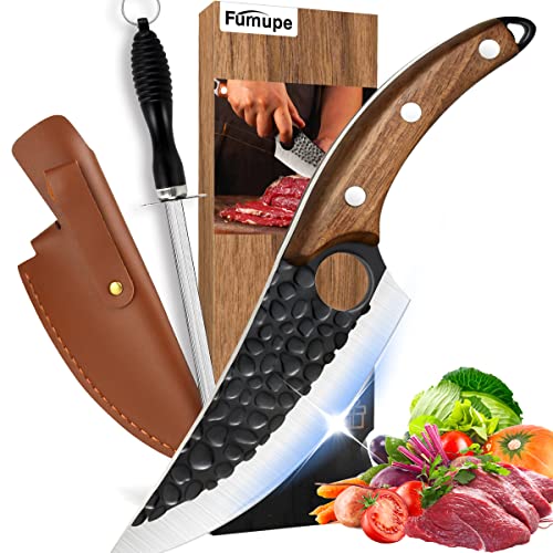 Fumupe [Mejorado Cuchillo de Cocina Profesional Multiusos, Cuchillo para Deshuesar con Afilador y Estuche con Funda de Cuero para Cocina, Barbacoa, excursión, con Caja de Regalo