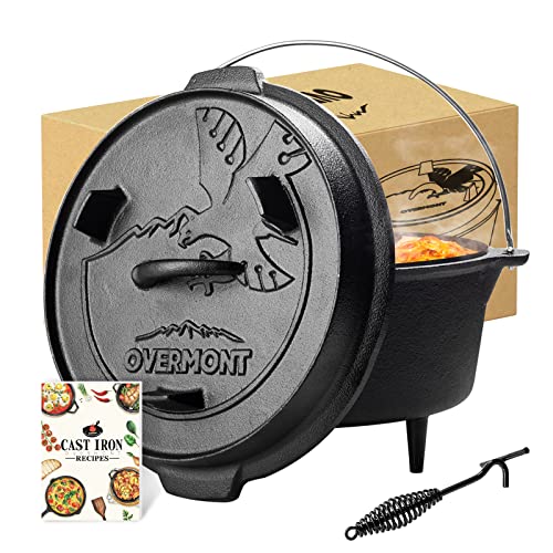 Overmont Dutch Oven Olla Horno Holandesa de Hierro Fundido 4.2L Diámetro 24Cm Cazuela con Elevador y Soporte para la Tapa y Las piernas (Olla + Tapa)