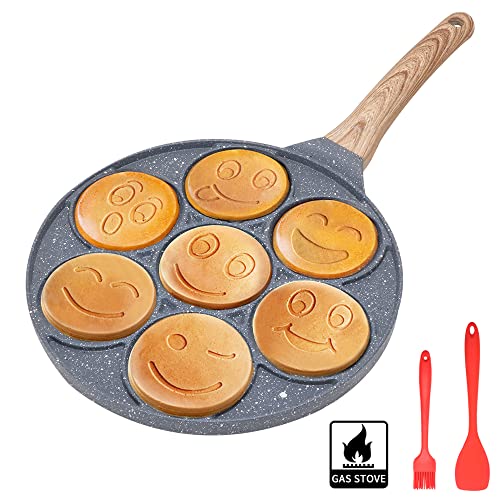 Bobikuke Sarten Para Tortitas Smiley, Plancha Antiadherente Para Panqueques 7 Hoyos Sartén Para Tortillas Lindo e Interesante Panqueques de Desayuno Para Niños Molde , 26 cm