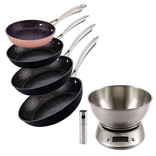 San Ignacio Vita: Set de Sartenes: Ø16 Ø20 Ø24 Ø28 cm, Aluminio Forjado, aptas para inducción + balanza de Cocina + Spray Aceite/vinagre, Multicolor