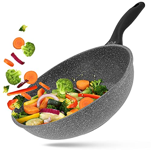 Sarten Wok Antiadherente de Aluminio Fundido, Wok Sartenes Antiadherentes 28cm Ø | Wok Vitrocerámica o Sarten Wok Induccion Tipo Cazuela | Wok Profesional Incluso para Cocina de Granito, Piedra
