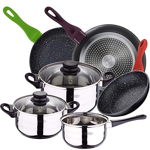 San Ignacio Toledo Bateria de Cocina de 5 Piezas en Acero Inoxidable con Juego de sartenes (20,24,28 cm) en Aluminio Forjado, Multicolor