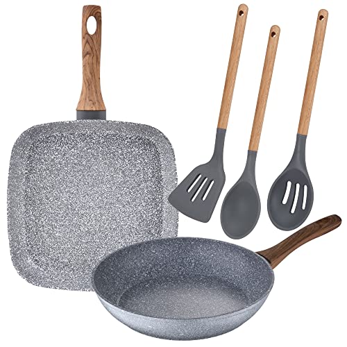 San Ignacio Juego de sarten con asador Grill de 26 cm y 28x28 cm en Aluminio Forjado y Set de 3 Utensilios de Cocina