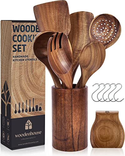 Utensilios de Cocina Madera [8 pzas] con Reposa Cucharas, Bote de y Ganchos para Colgar. 100% Natural Cucharas Madera. Espátulas y Cucharones de Cocina para Sartenes Antiadherentes.