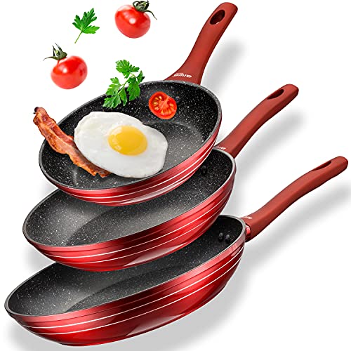 NHEAVEN Juego de sartenes inducción, 3 piezas de sartenes induccion antiadherentes, aptas para todo tipo de cocinas, resistente a los arañazos, revestimiento de mármol, Ø 20/24/28cm (Rojo)