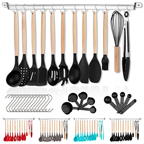 Berglander Juego de Utensilios de Cocina de Silicona 38 Piezas antiadherentes de Madera con Ganchos Multiusos y estantes para Utensilios (Negro)