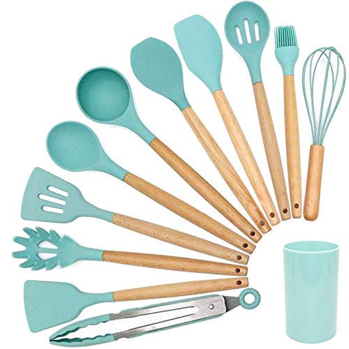 Cloober - Utensilios de Cocina 12 Piezas Color Verde | Juego de Utensilios Antiadherentes Resistentes al Calor Mango Ergonómico de Madera - Libres de BPA (Verde)