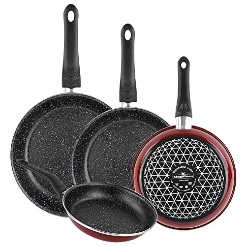 Magefesa Set De Sartenes 20,22,24 y 26 Praga Piedra, Antiadherente Bicapa Reforzado Efecto Piedra, Fondo 100% Full Induction, Exterior Rojo, 50% Ahorro Energético