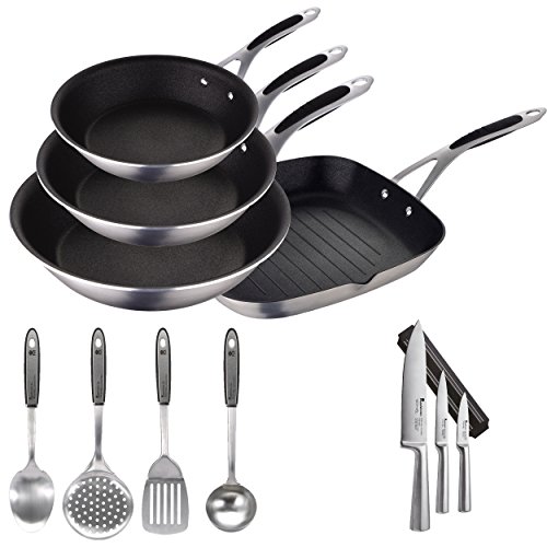 MasterPRO Gravity: Set de Sartenes Ø20 Ø24 Ø28 y asador 28x28 cm. + 3 Cuchillos + 4 Utensilios de Cocina