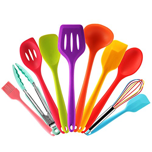 DOETI Set Utensilios de Cocina Silicona de Colores con Espátula,Cuchara,Cucharon,Espumadera,Batidor de Varillas,Pinzas Pincel de Cocina, 10 Piezas Resistente al Calor