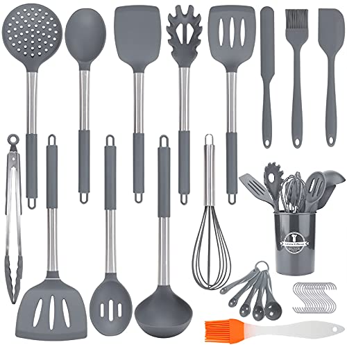 Frasheng Utensilios Cocina de Silicona,34 Piezas Juego de Utensilios de Cocina,Resistentes al Calor Juego de Utensilios de Cocina con Mango de Silicona de Acero Inoxidable,Antiadherente,sin BPA,Gris