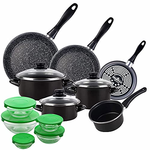 Magefesa Batería 10 piezas cacerolas diámetro16 y diámetro20 tapas, olla diámetro16 tapa y cazo de diámetro14, y 3 Sartenes diámetro18 diámetro20 y diámetro24 cm, acero vitrificado