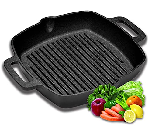 Velaze Sartén de Hierro Fundido Antiadherente con Rayas, Parrilla Pre-Seasoned de Hierro Fundido Redondo Negro con Double Mango de Sarten para Cocina con Gas, Horno y Inducción - 27 cm
