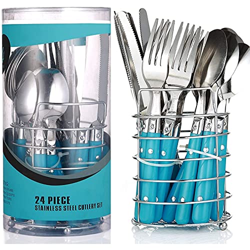 Juego de Cubiertos con Cesta de Metal - Para 6 Personas - Acero Inoxidable - Apto para Lavavajillas - Azul Turquesa