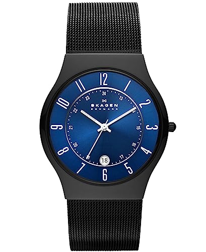 Skagen Reloj para hombre Sundby Titanium, movimiento trifásico con fecha, caja de 42 mm de titanio medianoche con correa de malla de acero, T233XLTMN
