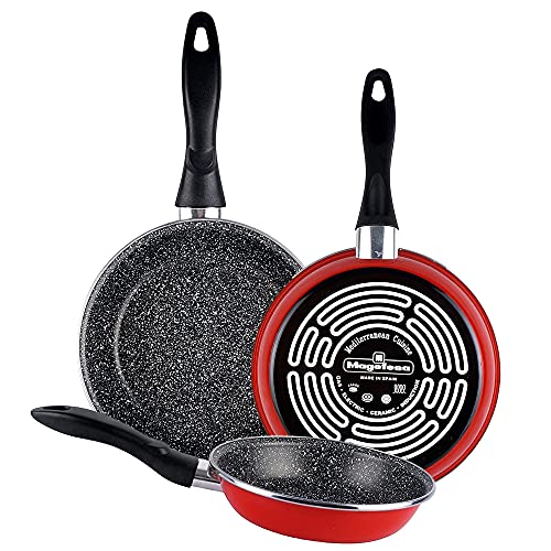 Magefesa K2 Rojo Juego de 3 sartenes (20/24/28)cm de acero vitrificado exterior rojo. Antiadherente bicapa reforzado efecto piedra, aptas para todo tipo de cocinas