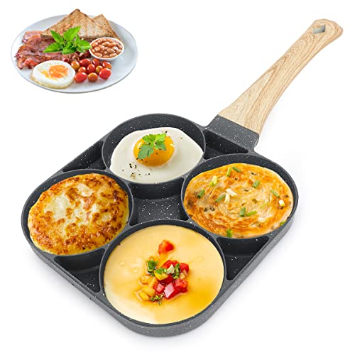 RANJIMA Sartén Tortitas,Sartén Huevos Poche de 4 Agujeros para Desayunos con Mango de Madera Aislado para Estufas de Gas y Cocinas de Inducción para Huevos Fritos Antiadherentes/hamburguesas