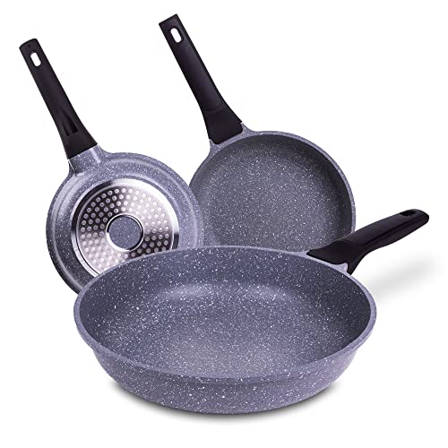 La Moustache - Juego de 3 Sartenes de Aluminio Fundido, Antiadherente, Aptas para Todo Tipo de Cocinas - Inducción - Gas - Placa Eléctrica - Vitrocerámica | 20, 24 y 28 cm (Pierre)