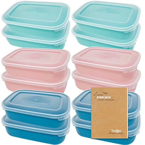 Codil Juegos Tupper de Plásticos para Alimentos,Tapers Rectangular Reutilizables para Comida Sin BPA,Recipientes con Tapa,Apto para Microondas Lavavajillas y Congelador(Rosa Verde y Azul, 12 x 0.8L)