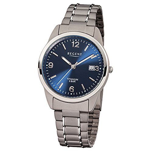 Regent Reloj de Hombre con diseño de Correa de Titanio y Caja de Titanio de 36 mm de diámetro, Cuarzo, números arábigos y Fecha, Azul, Pulsera