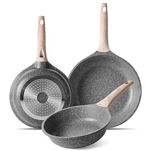 ZUOFENG Juego Sartenes Induccion Antiadherentes, Sartén Antiadherente de 20 24 28 cm, Sarten Piedra Aluminio Fundido, Libre de PFOA.(Gris, 20+24+28cm)