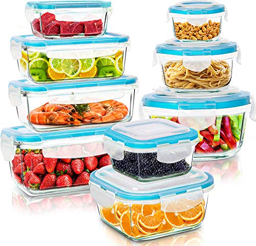KICHLY Recipientes de cristal para alimentos - 18 pieza (9 envase, 9 Transparente tapa) Hermético Tapers cristal - Apto para lavavajilla, microondas, congelador - Aprobado por la FDA y FSC - Sin BPA