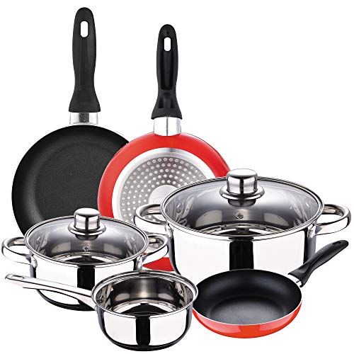 San Ignacio Batería 5 piezas Cassel y Set 3 sartenes Ø16/Ø20/Ø24 cms rojo, aluminio prensado, antiadherente, inducción