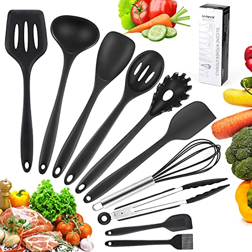 Utensilios de Cocina de Silicona, Hippodance Utensilios Cocina, Menaje de Cocina sin BPA Antiadherente Resistente al Calor,Cuchara para Espaguetis,Espátulas,Espatulas Silicona Cocina(10 piezas )