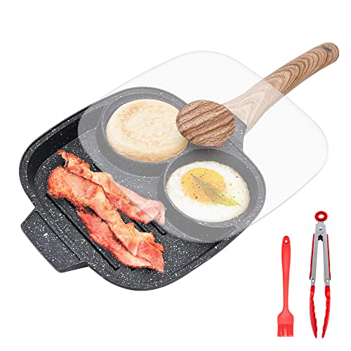 Bobikuke Sartén Cuadrada, Sartén Tortilla con Tapa Sartén Antiadherente de 3 Agujeros de Aluminio para Desayuno, Hamburguesa, Jamón, Huevos, Para Estufas de Gas y Cocinas de Inducción