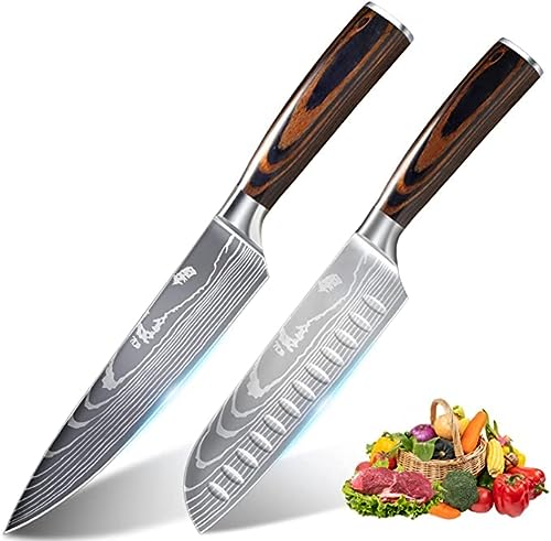 Anhichef Set de Cuchillos de Cocina, Cuchillos de Cocina Damasco Profesionales 20cm + Cuchillo Santoku Japones 18cm, Acero Inoxidable Alemán de Alto Carbono