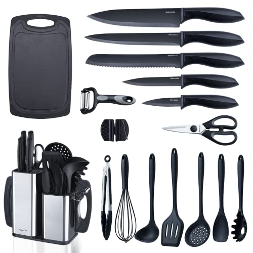 RAXCO Juego de Cuchillos de Cocina con Bloque, Juego de Utensilios de Cocina de 18 Piezas con Juego de Cuchillos de 5 Piezas y Espátula de Silicona de 7 Piezas, Juego de Utensilios de Cocina (B)